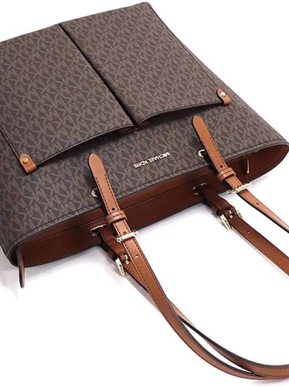 Michael Kors Brown Monogram Tote with Tan Leather Straps